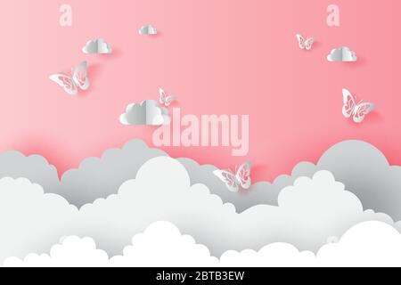 illustration Paper art cloud with butterflies on pink valentine concept.Butterfly flying in the sky.Creative design paper cut and craft style Origami Stock Vector