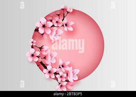 illustration of paper art and craft circle decorated spring season cherry blossom concept,Springtime with sakura branch, Design Floral Cherry blossom Stock Vector