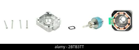 Deconstructed parts of electrical stepping / stepper motor isolated on white background with clipping path. NEMA standard flange motor for driving axe Stock Photo