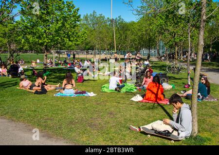 Montreal, CA - 23 May 2020 : People gathering during Coronavirus pandemic in Laurier Park Stock Photo