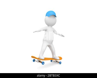 3d character is riding a skateboard on a white background. 3d render illustration. Stock Photo