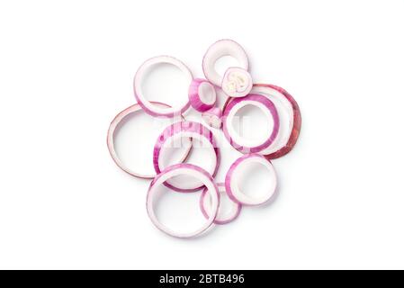 Sliced red onion rings on white background Stock Photo