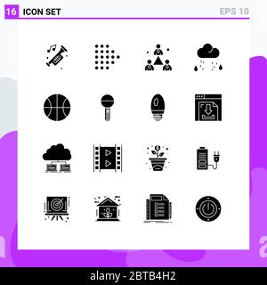 Set of 16 Commercial Solid Glyphs pack for set, rain, business, weather, cloud Editable Vector Design Elements Stock Vector