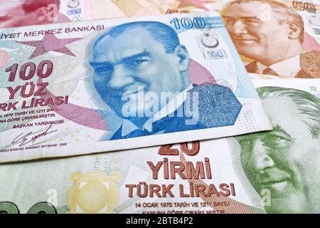 Stack of Turkish lira (TRY) banknotes as background. Stock Photo