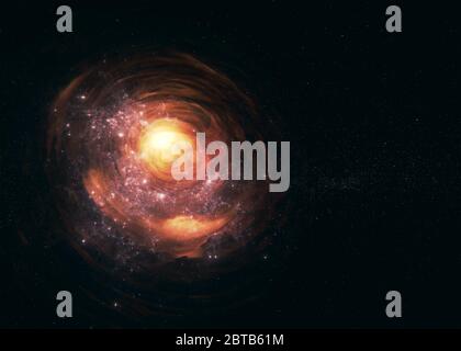 Deep space look. Quasar in bright colours near far galaxies and stars. Science fiction. Film grain. Elements of this image were furnished by NASA. Stock Photo