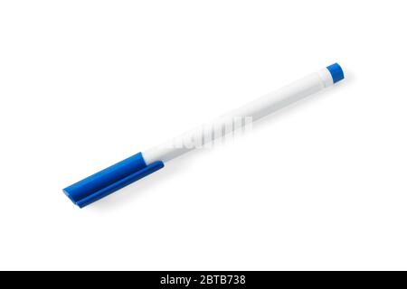 White plastic ballpoint pen with blue cap isolated on white Stock Photo