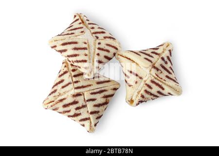 Cakes in the form of envelopes with curd filling and white butter dough isolated on a white background Stock Photo