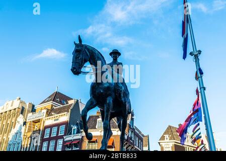 Amsterdam, Netherlands - September 9, 2018: Equestrian statue of Queen Wilhelmina in Rokin street, Amsterdam, Netherlands Stock Photo