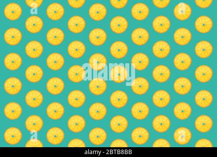 orange slices in grouped order, turquoise background, wallpaper Stock Photo
