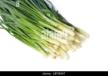 Bunch of fresh chives isolated on white background Stock Photo