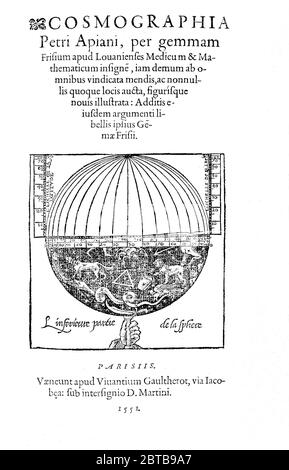 1551 , GERMANY : The german cartographer , astronomer and mathematician  PETER APIAN aka PETRUS APIANUS aka PIETRO APIANO ( 1495 - 1552 ). Illustration from a COSMOGRAPHIA book by Peter Apian with Cosmological diagram showing Earth in centre , planets , habitation of God, etc. printed in 1551 .- TOLOMEUS - TOLOMEO  - Amerigo - Peter Bennewitz or Peter Bienewitz - CARTOGRAFO - CARTOGRAFIA - CARTOGRAPHY - GEOGRAFIA - GEOGRAPHY - Globo terrestre - ritratto - portrait  - SCIENTIST- HISTORY -  foto storiche  - COSMOGRAFIA - COSMOGONIA - ASTRONOMIA - ASTRONOMY - ASTRONOMER - ASTRONOMO -  illustrazio Stock Photo