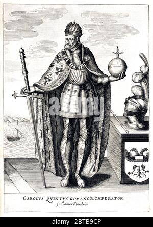 1550 ca , SPAIN : The King of Spain Charles V of HABSBURG ( 1500 - 1558 ) of Holy Roman Empire and Austria and Flandes ( Charle II of Holland ). Engraving by unknown artist from the book HISTORIEN DER NEDERLANDER TOT ( 1612 ) by Emanuel Van Meteren . - KARL - CARLO V  Imperatore - Emperor - Sacro Romano Impero - FIANDRE - OLANDA - SPAGNA - NOBILITY - NOBILI - Nobiltà austriaca e spagnola - ROYALTY - Imperial House of Habsburg - incisione - engraving - ritratto - portrait - crown - corona - Toson d'Oro - ASBURGO - HABSBURG - HASBURG - ABSBURGO - beard - barba - armatura - armure - sword - spada Stock Photo