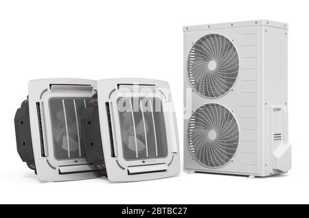 Air conditioner system. Ceiling Cassette Units with Outdoor Compressor Multi-Zone Unit. 3D rendering isolated on white background Stock Photo