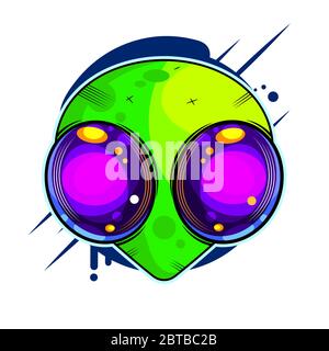 Alien Hand Drawn Vector Illustration. Martian Showing Peace Sign Closeup. Extraterrestrial Invasion Concept. Stock Vector