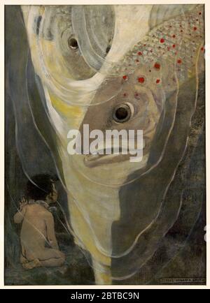 1916 , USA : The british CHARLES KINGSLEY ( 1819 - 1875 ), priest , social reformer, historian and novelist . Friend of Charles Darwin . Uncle of traveller and scientist Mary Kingsley .Illustration by Jessie Willcox SMITH ( 1863 - 1935 ) for book THE WATER BABIES (1916), NY, Dodd, Mead & co, artwork by - ILLUSTRATION - ILLUSTRAZIONE - ARTS - ARTE - SCRITTORE - WRITER - LETTERATURA - LITERATURE - WRITER - SCRITTORE - child - children - bambino - bambini - childhood - infanzia - pesce - fish --- ARCHIVIO GBB Stock Photo