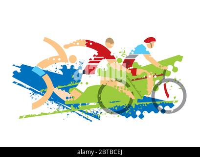 riathlon Race, fitness outdoor activities. Expressive dynamic drawing Three triathlon athletes on the grunge background. Vector available. Stock Vector