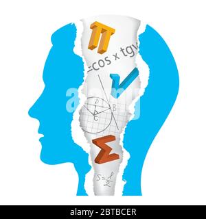 Student of Mathematics silhouette, ripped paper, education concept. Torn paper stylized male head with ripped paper fragments with mathematics symbols Stock Vector