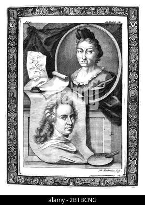 1729, GERMANY : The german naturalist woman painter , scientific illustrator and biologist MARIA SIBYLLA MERIAN ( 1647 - 1717 ). Sybylla's father was the Swiss engraver and pubblisher Matthäus Merian ( Matthew , 1593 - 1650 ) the Elder . Portrait by Jacobus Houbraken ( 1698 - 1780 ), after Georg Gsell, with the portrait (below) of Dutch portraitist painter David van der Plas ( 1647 - 1704 ). - SYBILLA - HISTORY - foto storica storiche - portrait - ritratto - NATURALISTA - NATURALIST - SCIENZA - SCIENCE - BIOLOGY - BIOLOGIA - illustratrice - illustratore - illustrator - woman painter - pittrice Stock Photo