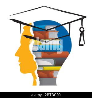 Graduate, head of books. Stylized head of a student with books and brush drawn mortar board. Isolated on white background. Vector available. Stock Vector