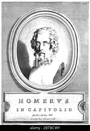 1736, ITALY : The ancient greek poet HOMER ( OMERO - VIII century before Christ ). Fantasy portrait illustration by engraver Gerolamo Rossi from an ancient bust, 1736 . Homer was the author of the ODISSEY and the ILIADES - ODISSEA - ILIADE - TROY WAR - GUERRA DI TROIA - BLIND - CIECO - ILIOS - OMERO  - SCRITTORE - LETTERATO - LITERATURE - LETTERATURA  - poeta -  poet - poesia - poetry  - profile - profilo - ANTICA GRECIA - MITOLOGIA - MITHOLOGY ----  ARCHIVIO GBB Stock Photo