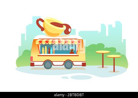 Coffee truck at park on city background. Coffee to go cafe on wheels outdoor vector isolated illustration. Street Meal trailer. Beverage portable cafe, takeaway hot drinks cup, catering business. Stock Vector