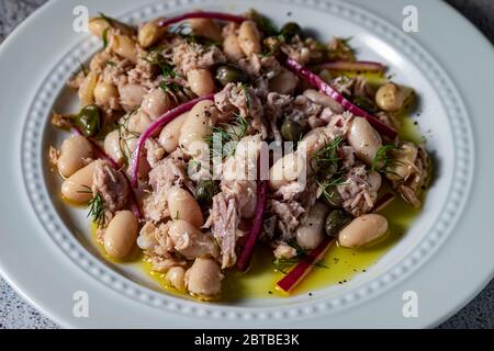 Canned tuna salad with cannellini beans. Stock Photo