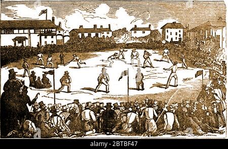 An old 1842  engraving showing a cricket match at Lords Cricket Ground ,St John's Wood, London, England . Named after its founder, Thomas Lord, it is now owned by Marylebone Cricket Club (MCC). Lord's today is not on its original site which is now referred to as Lord's Old Ground, (where Dorset Square now stands). His second ground, Lord's Middle Ground,  used from 1811 to 1813 was abandoned to make way for  the  Regent's Canal. The modern Lords is sited about 250 yards (230 m) north-west of the site of the Middle Ground. Stock Photo