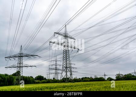 Power lines, extra-high voltage grid, 380 kilovolt, transports the electricity generated in large power plants to the regions, to a transformer statio