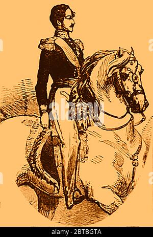 A portrait of Prince Ferdinand Philippe of Orléans (1810-1842) on his horse  painted soon after his death   - The Duke of Orleans died leaping from a runaway carriage - It is said he fractured his skull after leaping from his open carriage when the horses bolted.  (1842 illustration) Stock Photo
