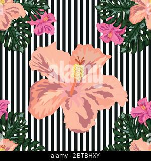 Exotic seamless pattern with tropical leaves and flowers on a black background. Striped background. Stock Vector