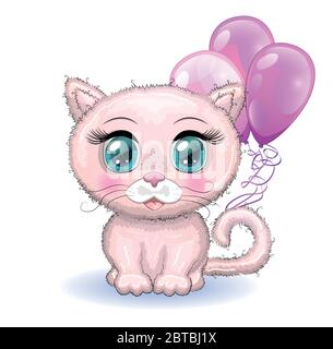 Cute cartoon pink cat, a kitten on a background of flowers holds balls with its tail Stock Vector