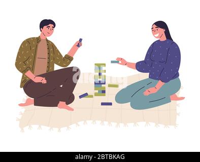 Young man and woman playing in wooden block game Stock Vector