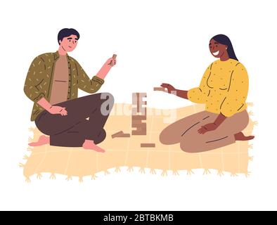 Young man and woman playing in wooden block game Stock Vector