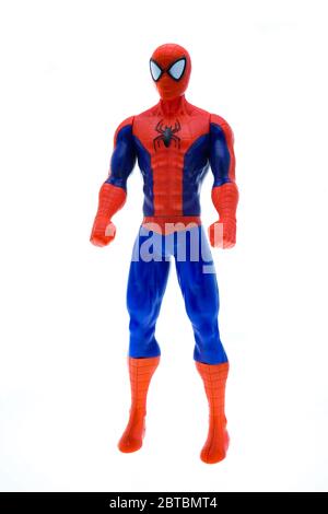 London, United Kingdom- May 22, 2020:An isolated shot of a Spiderman action figure from the Marvel universe. Merchandise from Marvel comics and movies Stock Photo