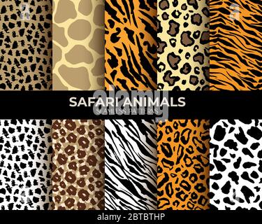 Animal fur seamless patterns set, leopard, tiger and zebra vector backgrounds. African animals fur and skin hair texture, simple brown jaguar stripes, black panther and beige giraffe spots pattern Stock Vector