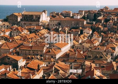 Roofs of the old city of Dubrovnik, orange roof tiles on houses, a view from a height, from the wall. Domes of The Church of the Holy Annunciation and Stock Photo