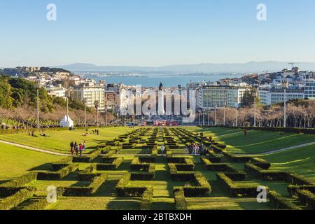 Parque Eduardo VII, Lisbon, Portugal, on a beautiful winter sunny day, with castle on the left and the Tejo river and Arrabida mountains in background Stock Photo