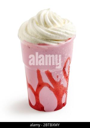 Strawberry milkshake in plastic takeaway cup isolated on white