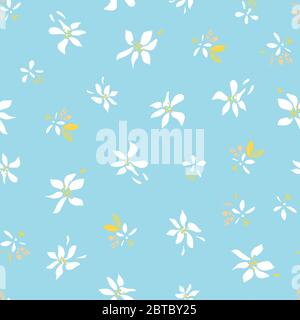 Vector ditsy floral summer blossom pattern. Hand drawn textured citrus fruit pattern with blossom and leaf on blue background. Modern flower backdrop. Stock Vector