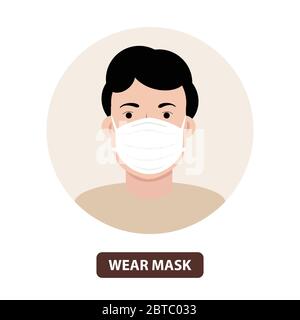 Man wear face mask vector. Vector wear face mask sign. Warning sign recommend wear of protective face mask in prevention virus infection Stock Vector