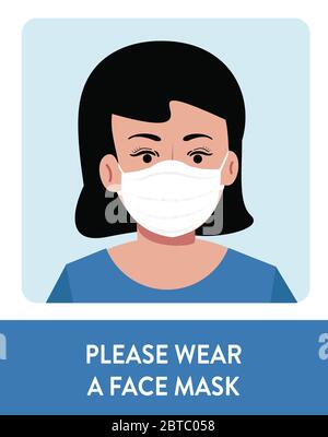 Woman wear mask vector. Vector Wear Face Mask sign for women. Warning sign recommend use of protective face mask in prevention virus infection Stock Vector