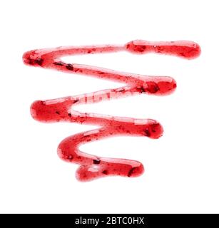 Cherry jam drizzle isolated on white background. Splashes of red berry jam. Top view. Stock Photo