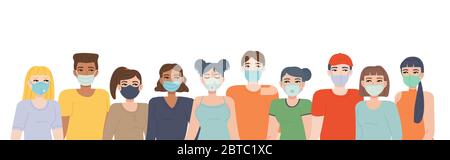 Crowd in face mask. Set of different face mask types. Pandemic covid-19, quarantine, health, respiratory protection concept. Stock vector illustration Stock Vector