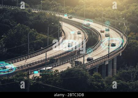 Autonomous Self Driving Cars Concept. Cars move on city road and Artificial Intelligence controls vehicles in traffic. Stock Photo