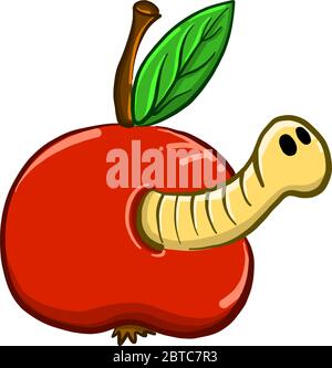 Worm in apple , illustration, vector on white background Stock Vector