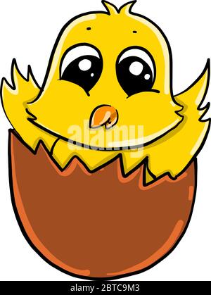 Chick in eggshell , illustration, vector on white background Stock Vector