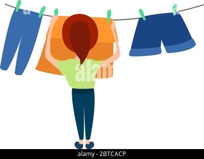 Woman drying clothes , illustration, vector on white background Stock Vector