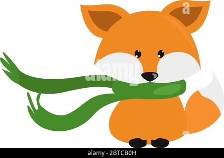 Fox with green scarf , illustration, vector on white background Stock Vector