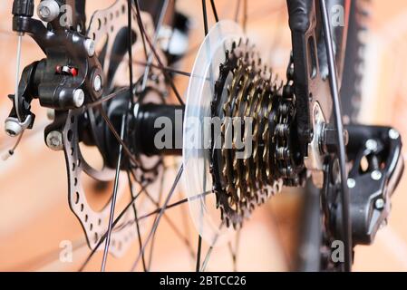 Rear wheel and chain in a mountain bike / The back disc brake bike , bicycle gears Stock Photo