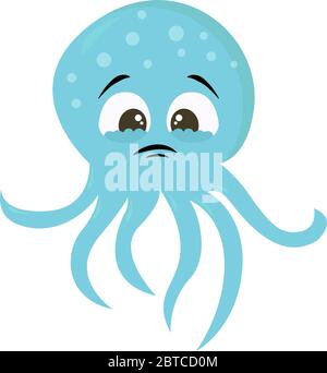 Sad blue octopus , illustration, vector on white background Stock Vector